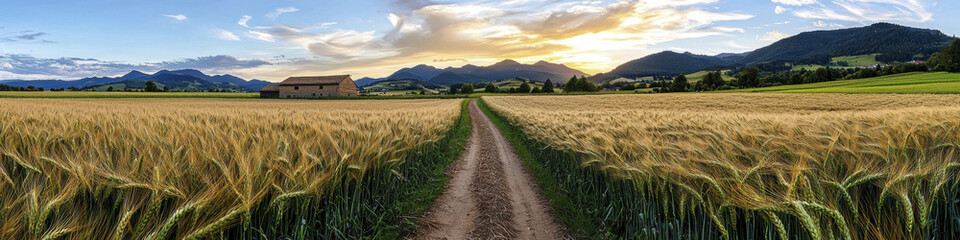 scenic view of golden wheat field leading to mountains under sunset sky