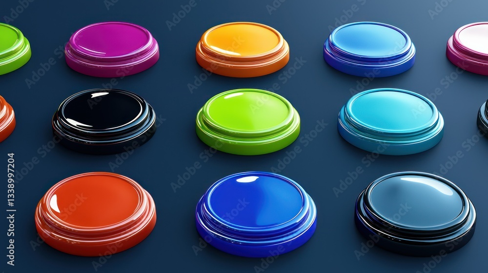 Poster a set of colorful 3d buttons with depth and reflections, designed for an interactive ui.