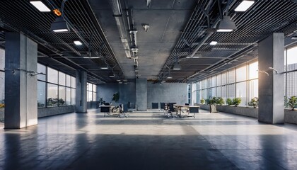 Urban space with an open industrial design, sleek furniture, large windows, and greenery.