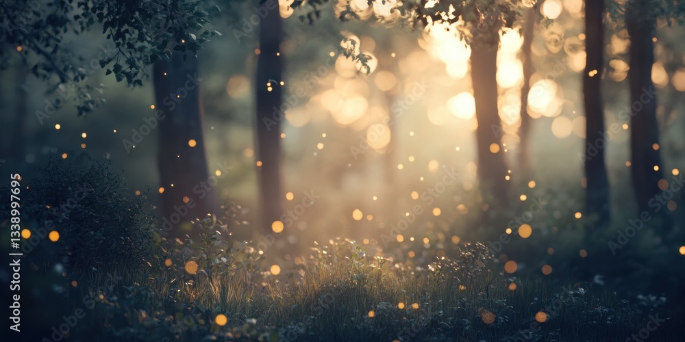 Poster enchanted forest: a mystical forest scene where sunlight filters through the trees, creating a magic
