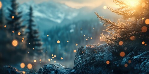 Fototapeta premium Winter Wonderland: A tranquil winter scene of majestic mountains, snow-covered pine trees, and soft bokeh lights create a dreamy atmosphere.