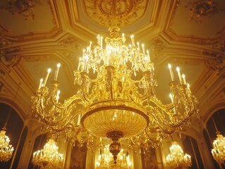 Opulent chandelier glowing brightly, illuminating the room, gold ornate design, intricate details, vintage elegance, luxurious ambiance.