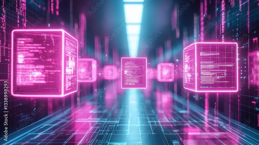 Aufkleber futuristic 3d visualization of floating neon pink data cubes in a digital corridor