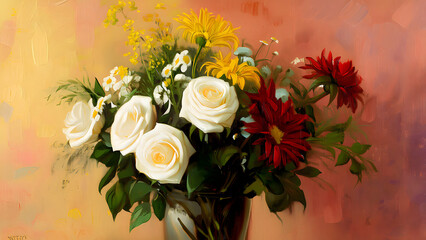 bouquet of flowers.Closeup Still life of white, yellow and red color flowers. Oil painting a bouquet of rose,daisy and gerbera flowers with soft red and yellow color background. Hand Painted floral Im