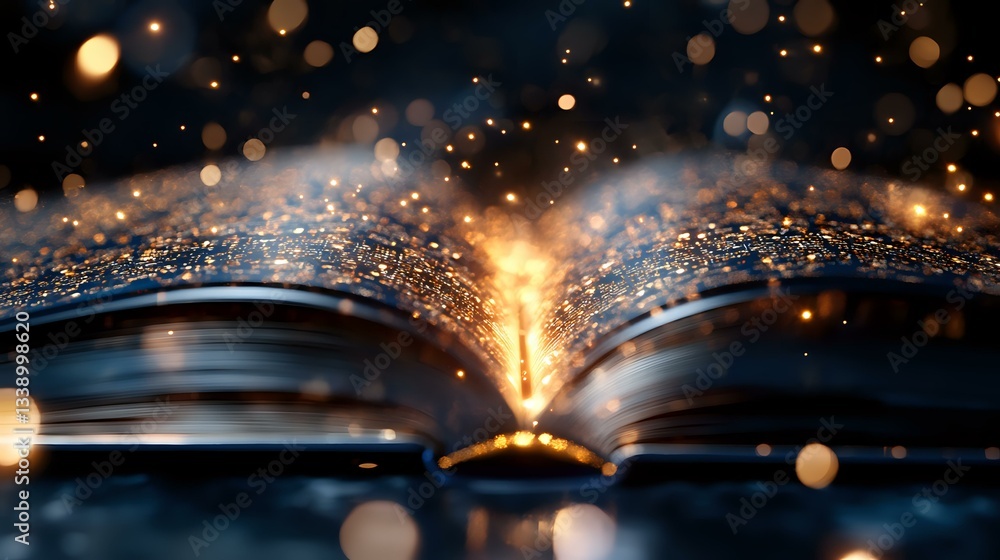 Poster open book with magical glowing light and floating golden bokeh particles against dark background, cr