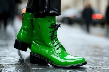 Vibrant green patent leather combat boots with black laces on wet pavement, fashion street style photography showcasing bold footwear against blurred urban background.