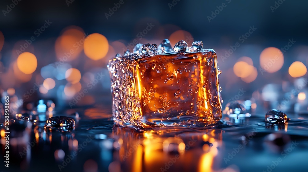 Poster glowing ice cube with orange bokeh lights on dark reflective surface creates magical atmosphere. cry
