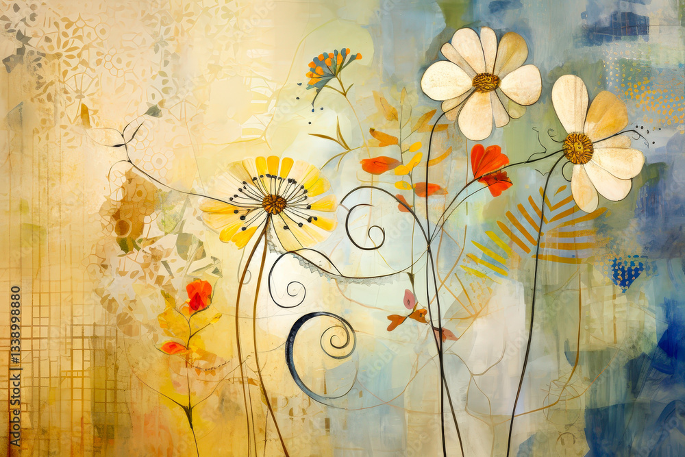 Poster Abstract floral art featuring vibrant colors and whimsical patterns in a serene background setting