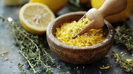 A wooden bowl containing lemon zest and herbs