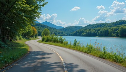 Obraz premium Scenic drive along serene lake nature landscape daylight tranquil vibe