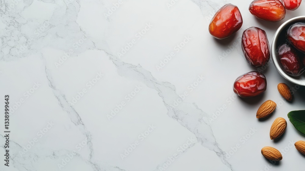 Poster glossy raw almonds and fresh dates displayed on a smooth marble surface with natural elegance and ar