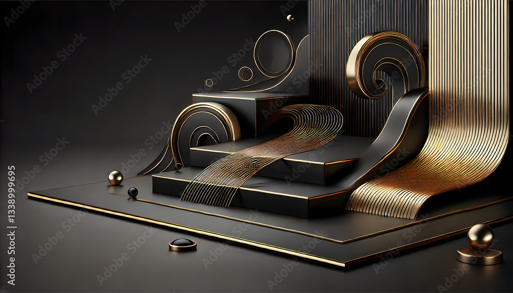 Poster a luxurious abstract design featuring black and gold flowing patterns and sculptural elements, ideal