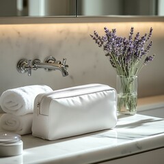 white toiletry bag beside the bathroom sink
