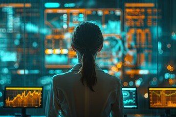 A focused young female professional analyzes data in a modern high-tech office, surrounded by glowing screens displaying analytics.