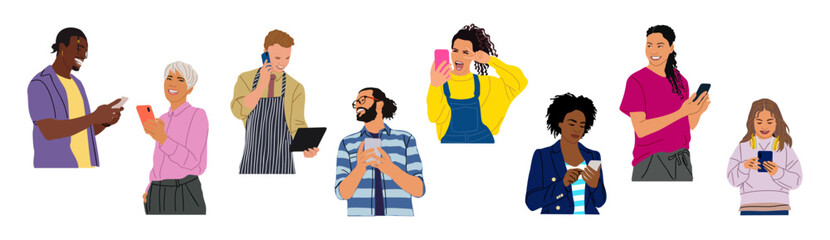 Set of People holding, using mobile phones. Characters with smartphones in hands. Men, women use cellphones, surfing internet, chatting. Vector realistic illustrations isolated on white background.