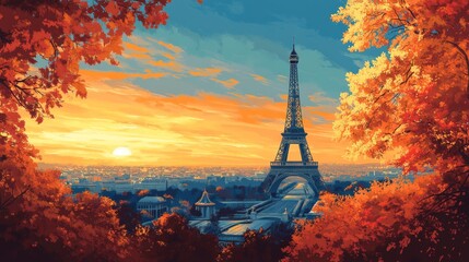 A Paris city view with generic tower at sunset, with calm river reflecting colorful sky