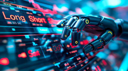A futuristic robotic hand reaching for digital trading data, showcasing advanced technology in finance.