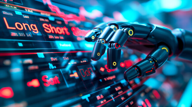 A futuristic robotic hand reaching for digital trading data, showcasing advanced technology in finance.
