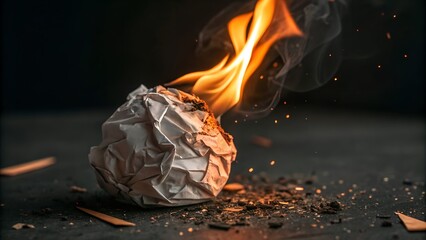 Fiery Demise: A crumpled ball of paper engulfed in flames and smoke, a visual metaphor of destruction and transformation, lies against a dark backdrop