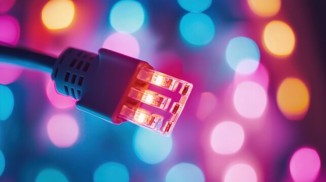 A network cable plugged into a router, connecting devices for internet access in a home office.