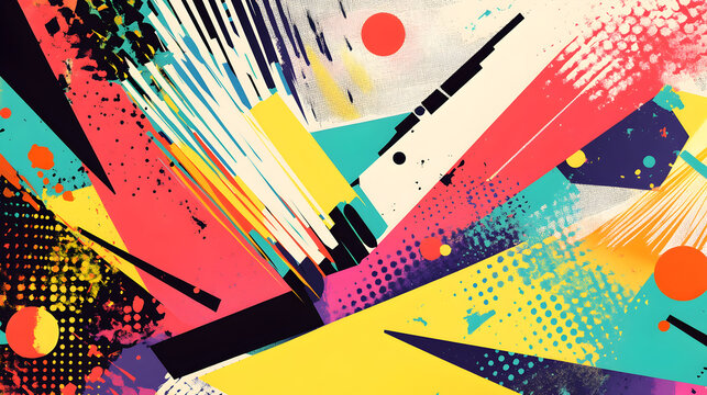 design in pop art style with an explosion of vibrant color blocks and halftone textures 
