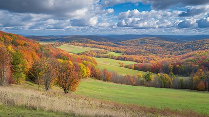 Naklejka premium A vibrant autumn landscape with rolling hills, colorful foliage, and a bright blue sky