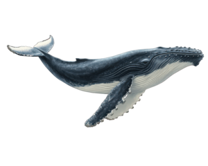 massive humpback whale swimming gracefully in ocean, showcasing its distinctive body shape and coloration. This majestic creature embodies beauty of marine life