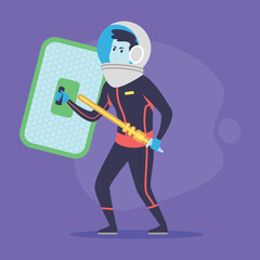 Astronaut in colorful spacesuit standing confidently, holding tool in one hand and shield in other, ready for interstellar mission