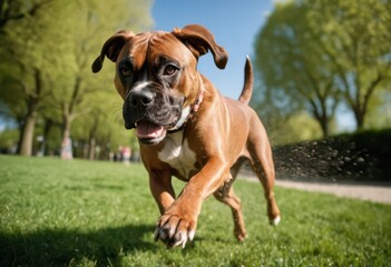 boxer breed dog running in natural meadown, doggy playing outdoors in the countryside, canine purebred happy on the nature