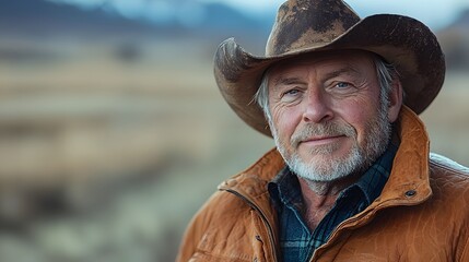 Fototapeta premium Weathered Cowboy Portrait Against Vast Desert Landscape
