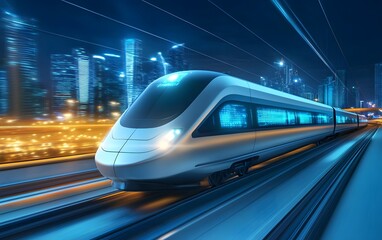 A futuristic bullet train with a sleek aerodynamic design, high-tech windows, and glowing blue lights speeding through a modern cityscape at night.