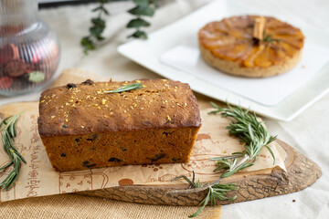 Cinnamon bread loaf set on cafe table.