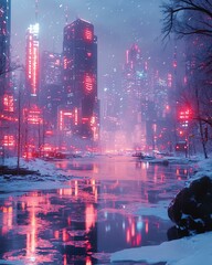 Fototapeta premium Futuristic cityscape with neon lights reflecting on a snowy river at night.