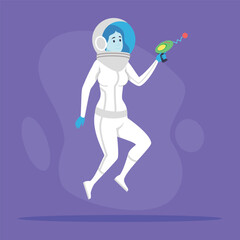 Space explorer in white suit floating in purple cosmic environment holding ray gun. Woman wearing blue helmet ready for interstellar adventures
