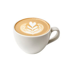 A beautifully crafted latte with heart-shaped froth design on a white background.