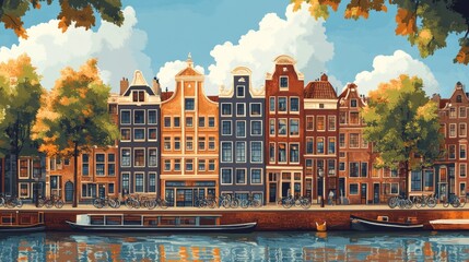 Amsterdam Netherlands Poster Illustration Travel Print Decor Gift Paper Canvas Wall Retro Art