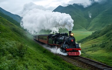 Obraz premium An old steam locomotive with a vintage black and red body, puffing thick white smoke while traveling through a lush green valley.