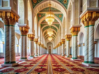 Obraz premium Grand Mosque Hallway: Calm Interior with Ornate Columns & Prayer Rugs - Religious Tourism