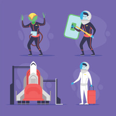 Colorful collection of diverse characters in space-themed outfits. Characters engaged in various activities including traveling, signaling, and preparing for launch in vibrant setting