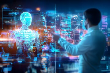A Glimpse into Tomorrow: A scientist studies futuristic interface projecting human hologram. The scene highlights the fusion of innovation, science, and the relentless pursuit of knowledge