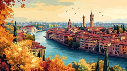 Verona Italy Poster Illustration Travel Print Decor Gift Paper Canvas Wall Retro Art