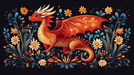 Red Dragon Amidst Floral Garden