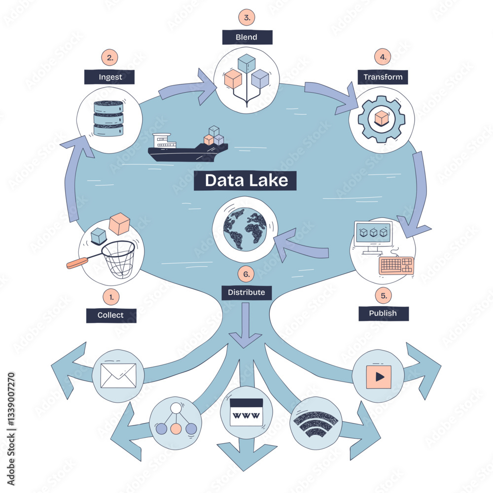 Poster data lake diagram shows data flow from collection to distribution, highlighting ingestion, transform