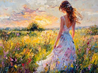 Enchanting Impressionist Sunset Portrait of a Captivating Woman in a Lush Meadow