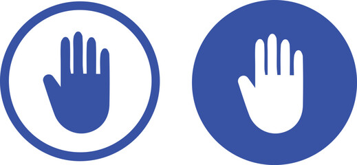 Blue circular icons, white hand symbols, stop gesture, warning signs, minimalist design, flat graphics, safety symbols, no entry markers, restricted access indicators,