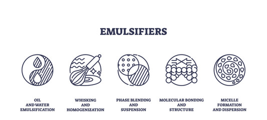 Emulsifiers are depicted with icons representing oil-water mixing, whisking, and molecular bonding, transparent background. Outline icons set.