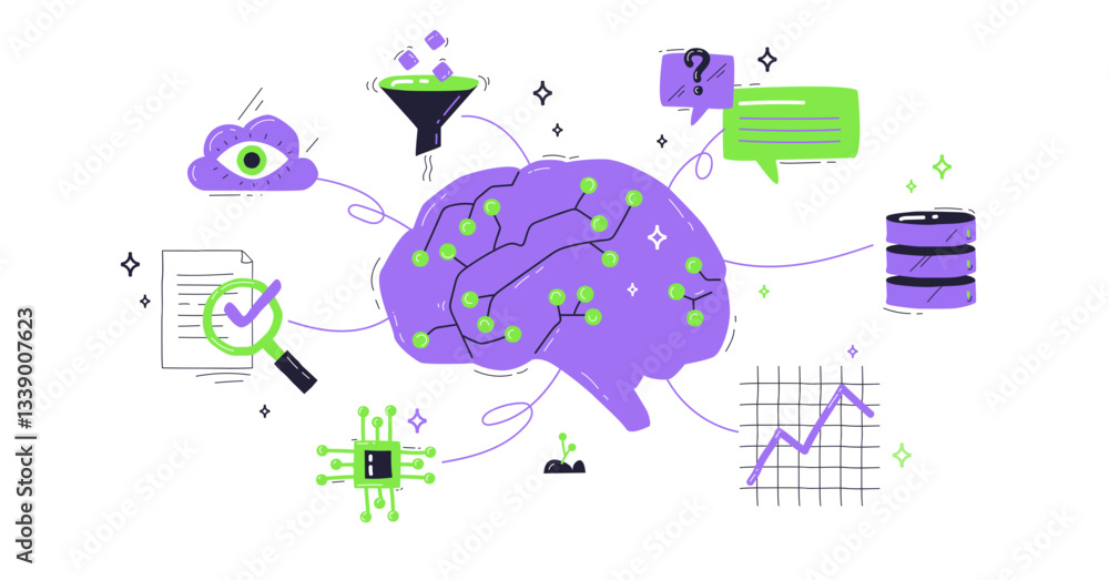 Poster generative ai concept with a brain, cloud, and data nodes, illustrating creativity and technology, t