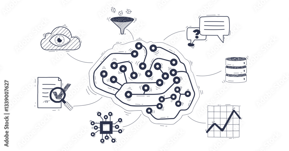 Poster generative ai concept with brain, cloud, and data flow, transparent background.