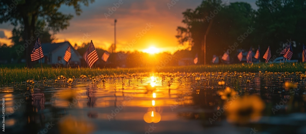 Poster sunset reflecting on a puddle with small flags.