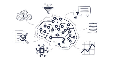 Generative AI concept with brain, cloud, and data flow, transparent background.